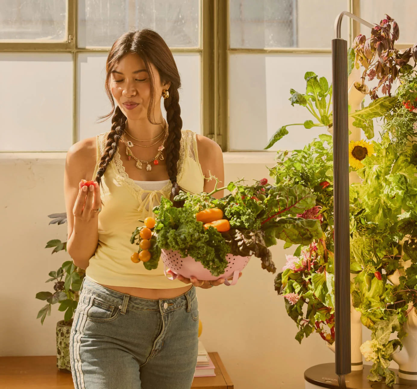 Gardyn Studio Grows 16 plants · Feeds 1-2 people  Studio 2 upgrades include easy clean columns and higher res cameras for even easier growing.